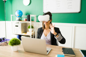 Woman using VR technology to teach